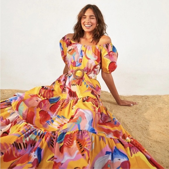 FARM RIO Anthropologie Neon Macaws Puff Sleeve Maxi Dress - Picture 1 of 9